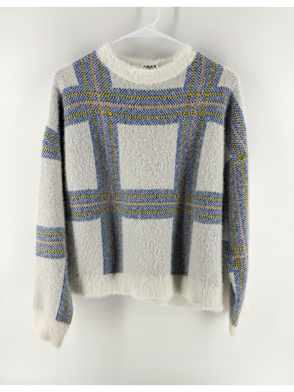 Women’s New Look White/Blue/Yellow Plaid Knit Crew Neck Pullover Sweater M